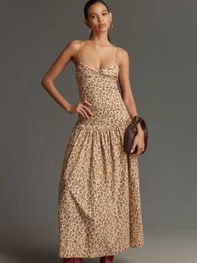 S/W/F Animal Print Drop Waist Maxi Dress Size Medium Cotton Midi Leopard Print